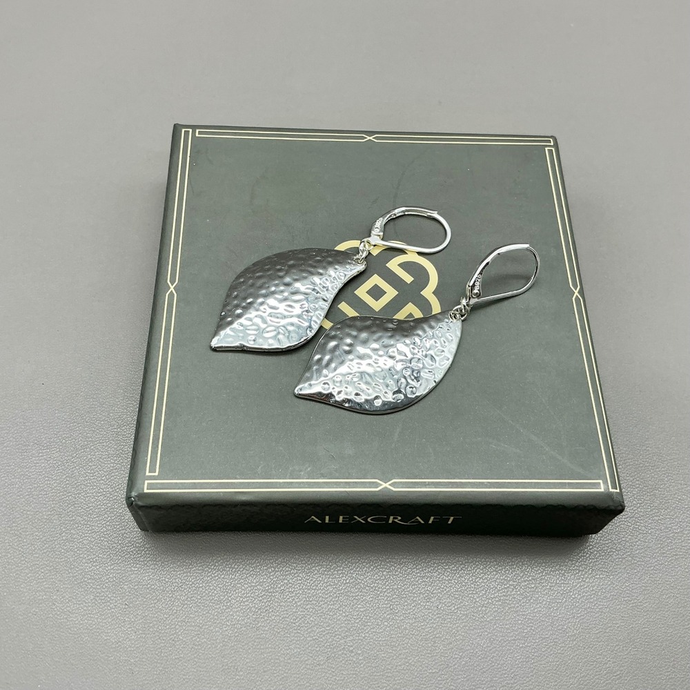 ALEXCRAFT Earrings Women Silver Tone Hammered Leaf Dangle Drop Leverback Jewelry